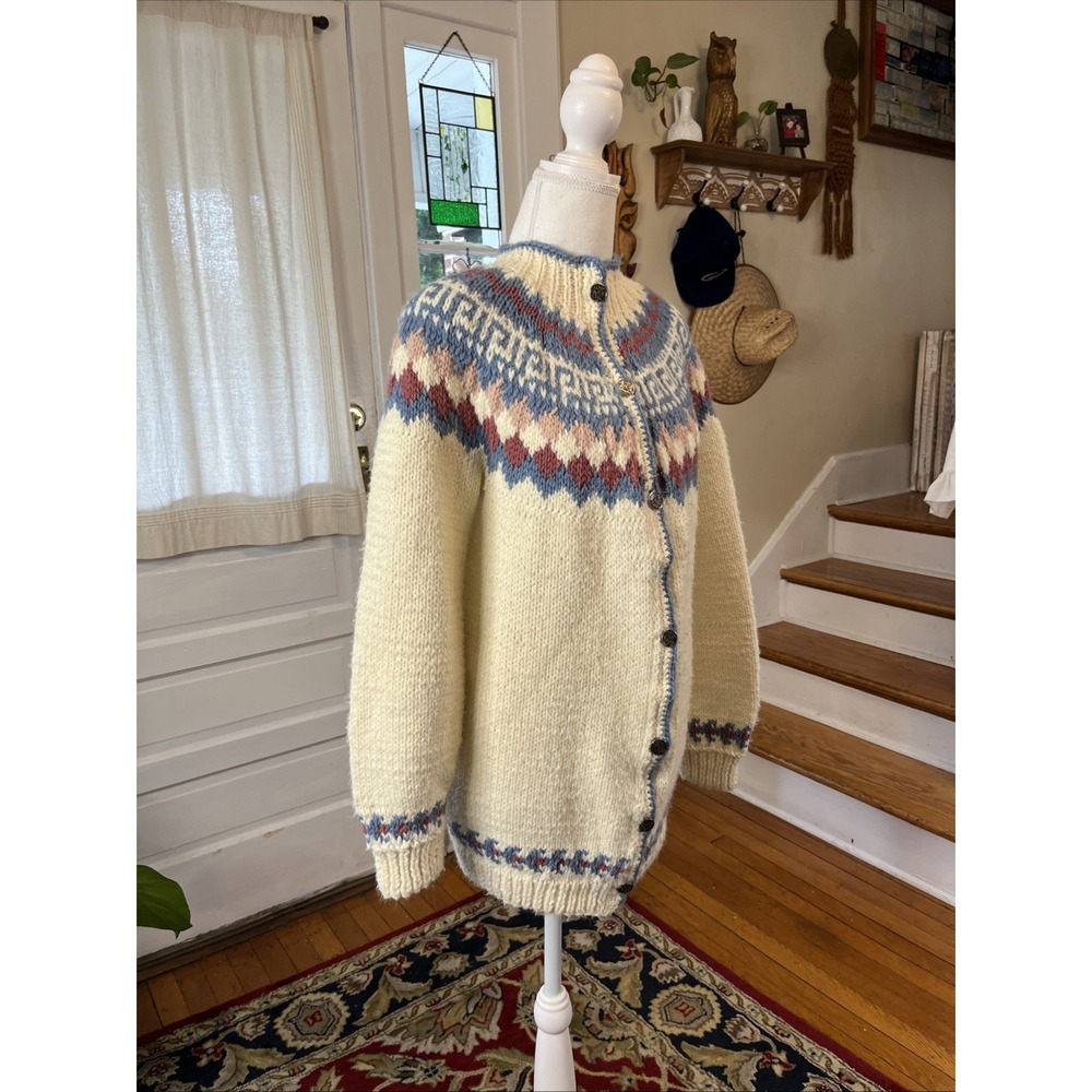 Women's M Ivory Hand Knit Fair Isle Scandinavian Cardigan Sweater Acrylic Wool - Picture 12 of 14